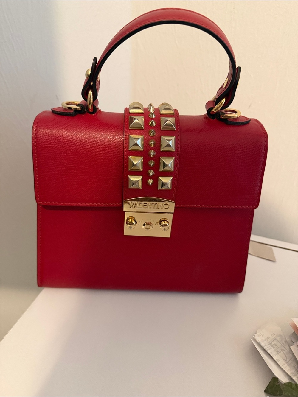 Valentino Red Leather Top-Handle Satchel with Gold Rockstuds